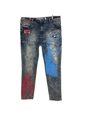 Dreamland Acid‎ Wash Painted Jeans Sz 40x34 Patches Streetwear Bleached